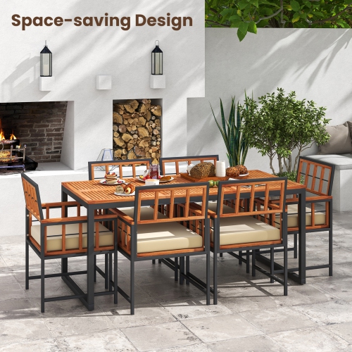 Costway 7 PCS Patio Dining Set Outdoor Acacia Wood Table with Soft Cushions Umbrella Hole