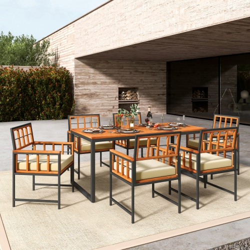 Costway 7 PCS Patio Dining Set Outdoor Acacia Wood Table with Soft Cushions Umbrella Hole