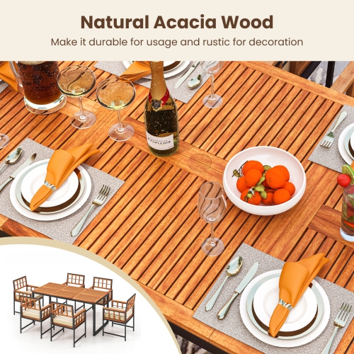 Costway 7 PCS Patio Dining Set Outdoor Acacia Wood Table with Soft Cushions Umbrella Hole
