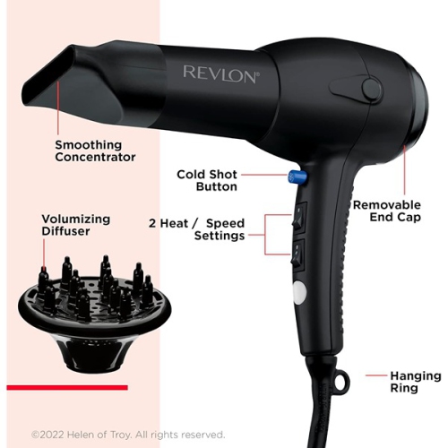 REVLON 27.9 x 10.5 x 22.9 cm RV544FBLK Advanced Ionic Technology Hair Dryer with Diffuser Powerful Ionic Hair Dryer with Concentrator Black