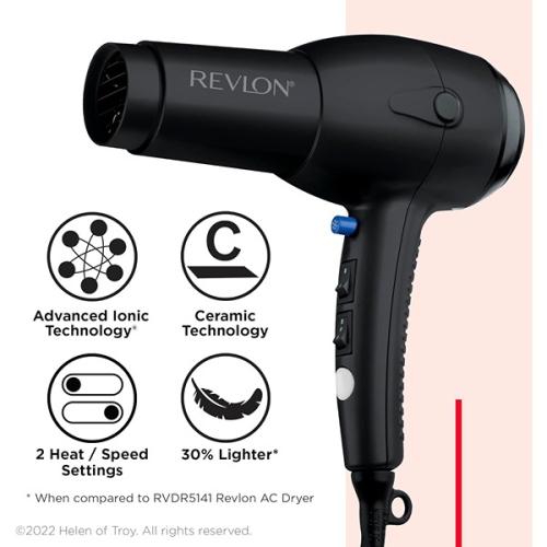 REVLON 27.9 x 10.5 x 22.9 cm RV544FBLK Advanced Ionic Technology Hair Dryer with Diffuser Powerful Ionic Hair Dryer with Concentrator Black