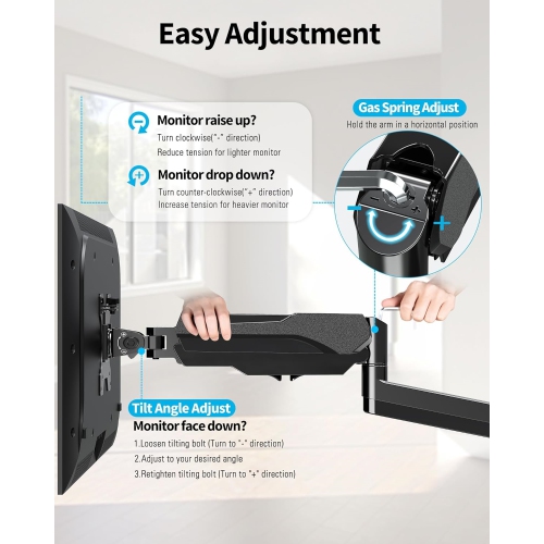 Single Monitor Wall Mount for Max 32 Inch Computer Screen, Fully Adjustable Gas Spring Monitor Arm, Wall Mounted Monitor Holder Support 2.2-17.6lbs