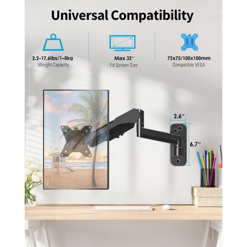 Single Monitor Wall Mount for Max 32 Inch Computer Screen, Fully Adjustable Gas Spring Monitor Arm, Wall Mounted Monitor Holder Support 2.2-17.6lbs
