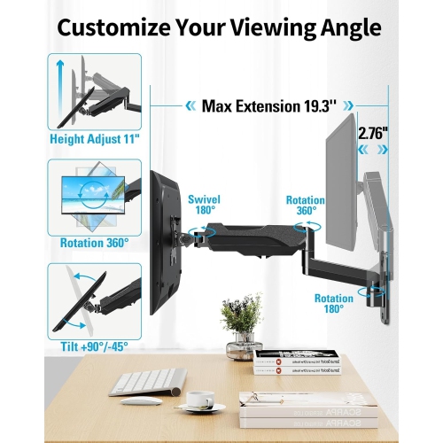 Single Monitor Wall Mount for Max 32 Inch Computer Screen, Fully Adjustable Gas Spring Monitor Arm, Wall Mounted Monitor Holder Support 2.2-17.6lbs
