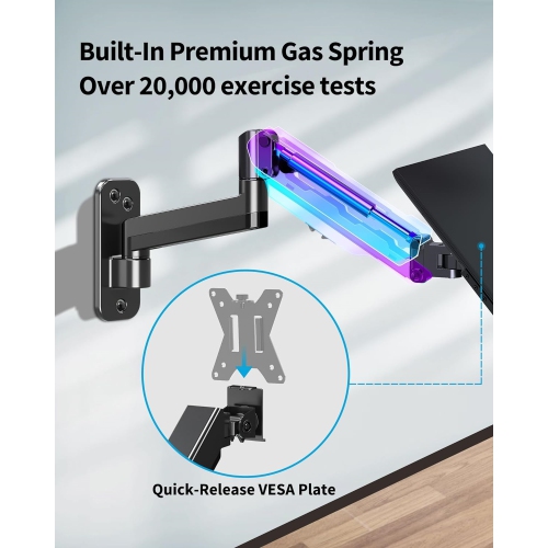 Single Monitor Wall Mount for Max 32 Inch Computer Screen, Fully Adjustable Gas Spring Monitor Arm, Wall Mounted Monitor Holder Support 2.2-17.6lbs