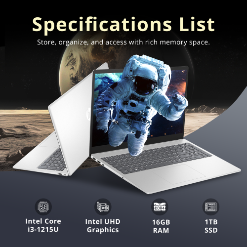HP Essential 15 Laptop, 15.6" HD Touchscreen, Intel Core i3-1215U, 1TB PCIe M.2 SSD, 16GB DDR4 RAM, Webcam, HDMI, Wi-Fi, Windows 11 Home, Silver