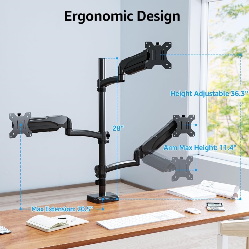 Triple Monitor Mount Holds 4.4-17.6lbs, Up to 32 Inch Monitor Stand for 3 Monitors, Triple Monitor Stand with Gas Spring Arm with Clamp/Grommet Base