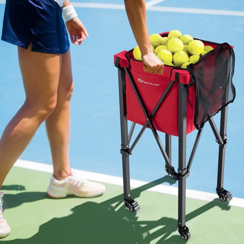 Goplus Foldable Tennis Ball Hopper Basket Portable Travel Teaching Cart with Wheels & Bag