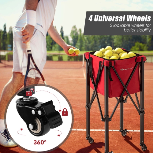 Goplus Foldable Tennis Ball Hopper Basket Portable Travel Teaching Cart with Wheels & Bag