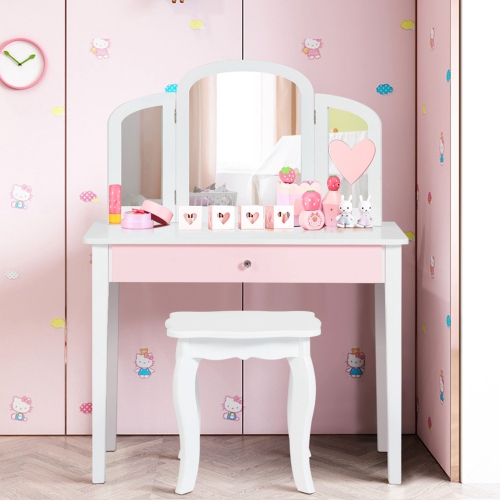 Costway Kids Vanity Set Princess Makeup Dressing Play Table Set W/Mirror