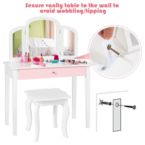 Costway Kids Vanity Set Princess Makeup Dressing Play Table Set W/Mirror