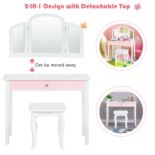 Costway Kids Vanity Set Princess Makeup Dressing Play Table Set W/Mirror