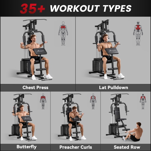 Soozier Home Gym Machine, Multifunctional Smith Equipment with 99lbs Weight Stack and Lat Pulldown Bar, Workout Equipment Station for Back, Chest,