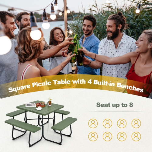 Costway Outdoor 8-person Square Picnic Table Bench Set with 4 Benches & Umbrella Hole
