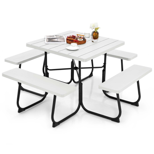 COSTWAY  Outdoor 8-Person Square Picnic Table Bench Set With 4 Benches & Umbrella Hole