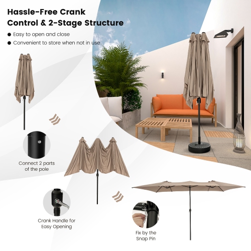 Costway 15FT Double-Sided Patio Market Umbrella Large Crank Handle Vented Outdoor Twin