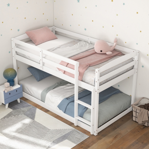 Costway Twin over Twin Low Bunk Bed with Guardrails Integrated Ladder Kids Wooden