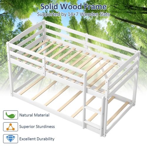 Costway Twin over Twin Low Bunk Bed with Guardrails Integrated Ladder Kids Wooden