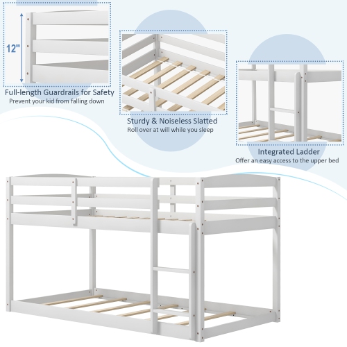 Costway Twin over Twin Low Bunk Bed with Guardrails Integrated Ladder Kids Wooden