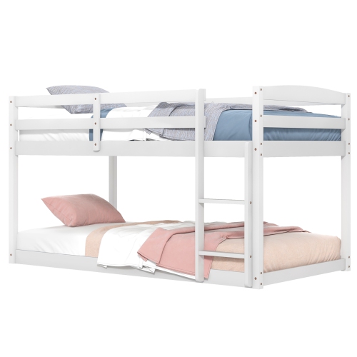 Costway Twin over Twin Low Bunk Bed with Guardrails Integrated Ladder Kids Wooden