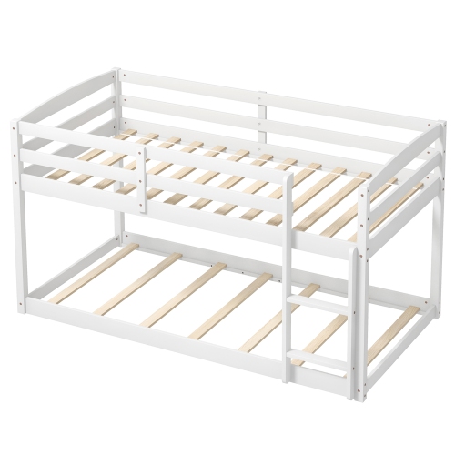 Costway Twin over Twin Low Bunk Bed with Guardrails Integrated Ladder Kids Wooden