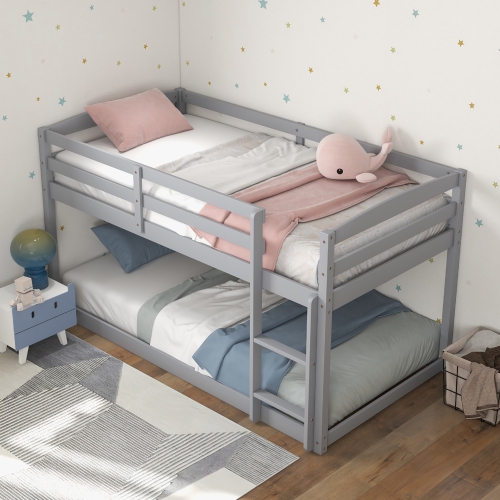 COSTWAY  Twin Over Twin Low Bunk Bed With Guardrails Integrated Ladder Kids Wooden