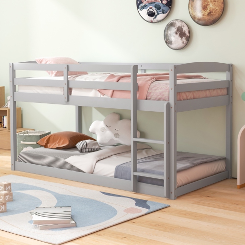 Costway Twin over Twin Low Bunk Bed with Guardrails Integrated Ladder Kids Wooden