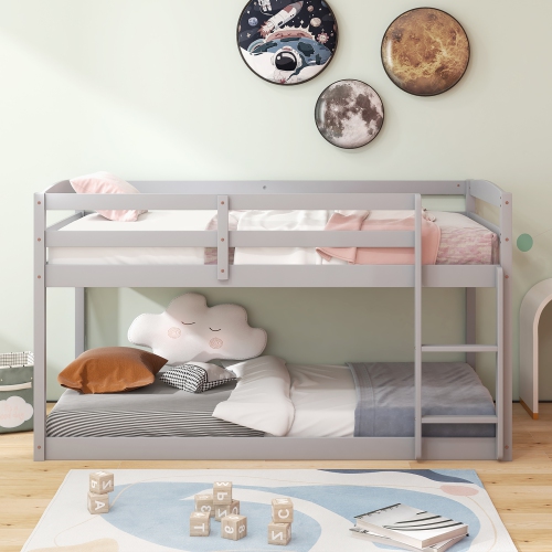 Costway Twin over Twin Low Bunk Bed with Guardrails Integrated Ladder Kids Wooden