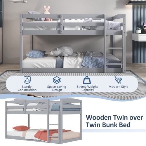 Costway Twin over Twin Low Bunk Bed with Guardrails Integrated Ladder Kids Wooden