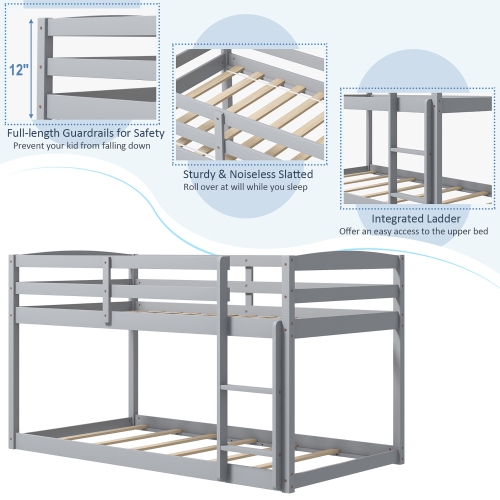 Costway Twin over Twin Low Bunk Bed with Guardrails Integrated Ladder Kids Wooden