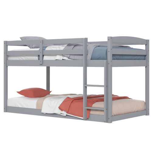 Costway Twin over Twin Low Bunk Bed with Guardrails Integrated Ladder Kids Wooden
