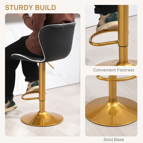 HOMCOM Bar Stools Set of 2, Luxurious Swivel Counter Stools with Adjustable Height, PU Leather Upholstered Counter Height Kitchen Stools with Back,