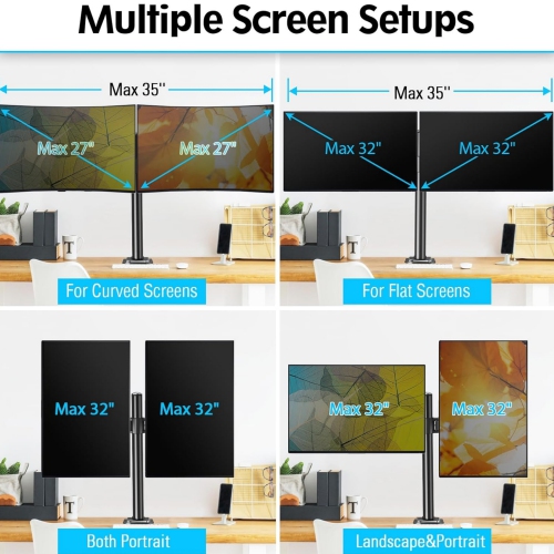 Dual Monitor Desk Mount, Max 32 Inch up to 19.8lbs, Fully Adjustable Dual Monitor Arm for 2 LCD Screens, Dual Monitor Stand with C-Clamp and Grommet
