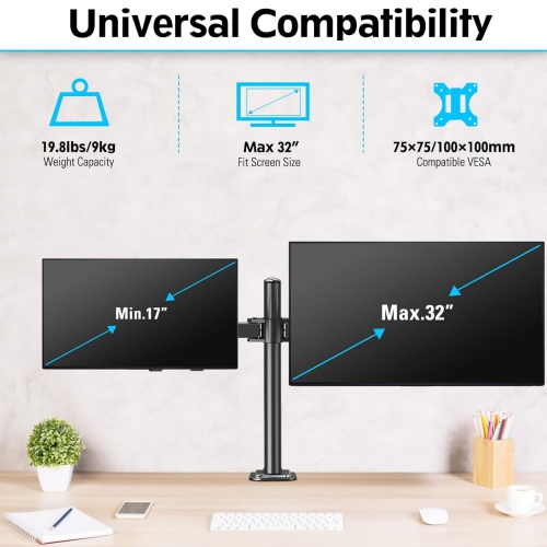 Dual Monitor Desk Mount, Max 32 Inch up to 19.8lbs, Fully Adjustable Dual Monitor Arm for 2 LCD Screens, Dual Monitor Stand with C-Clamp and Grommet