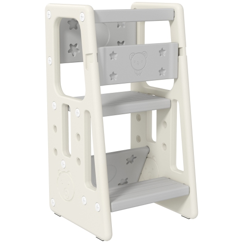 Qaba Toddler Kitchen Helper 2 Step Stool with Adjustable Height Platform and Safety Rail, Cream White