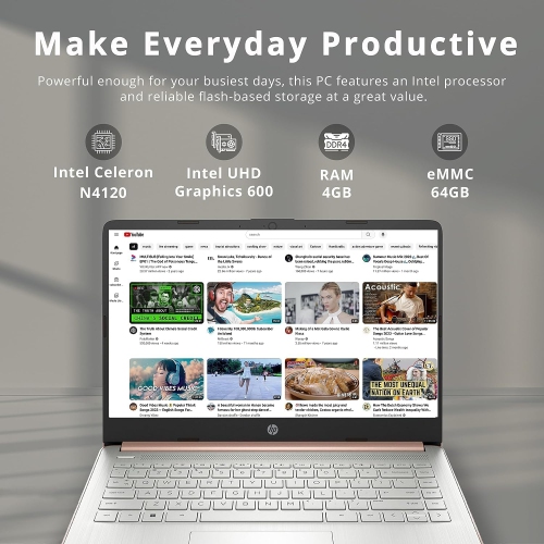 HP Stream 14" HD BrightView Laptop, Intel Celeron N4120, 64GB eMMC, 4GB RAM, Intel HD Graphics, 720p Webcam, 1 Year Office 365, Gold, Win 11, 32GB