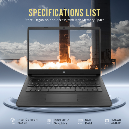 HP Stream 14" HD Laptop, Intel Celeron N4120, 128GB eMMC, 8GB RAM, Intel UHD Graphics, Webcam, 1 Year Office 365, Black, Win 11 S, 128GB Hotface USB