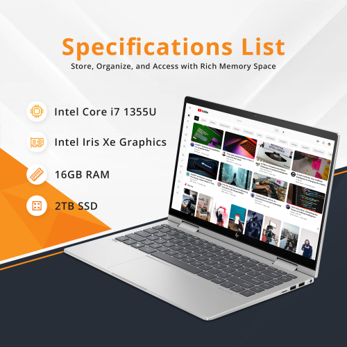 HP Envy x360 2-in-1 14" FHD Touchscreen Laptop, Intel Core i7-1355U, 2TB SSD, 16GB RAM, Backlit KB, 5MP Camera, Fingerprint Reader, Intel Iris Xe