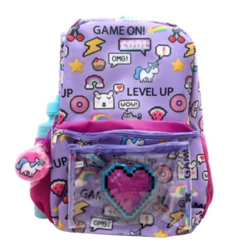 BIOWORLD  Game On 6 Piece Backpack Set (Purple) for School, Travel, Camping Or Outdoor. Includes Matching Lunch Bag, Zip Case, Squishy Dangle, Ice