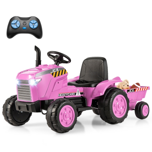 GYMAX  2-In-1 Electric Toy Car 12V Kids Ride On Tractor W/ Trailer Remote Control Lights