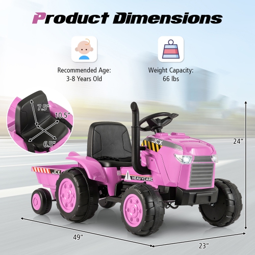 Gymax 2-in-1 Electric Toy Car 12V Kids Ride On Tractor w/ Trailer Remote Control Lights