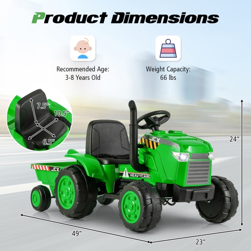 Gymax 2-in-1 Electric Toy Car 12V Kids Ride On Tractor w/ Trailer Remote Control Lights