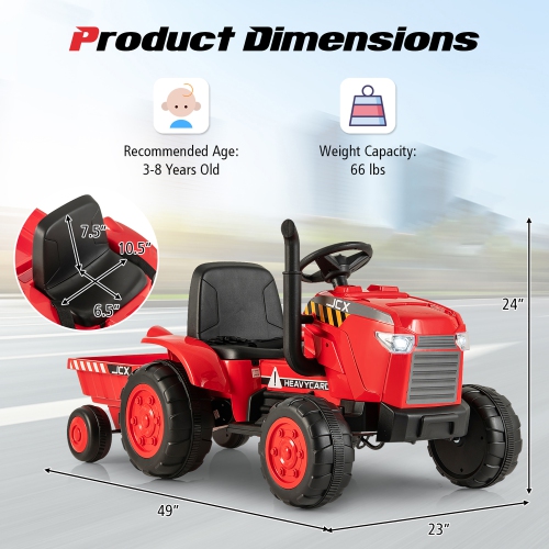 Gymax 2-in-1 Electric Toy Car 12V Kids Ride On Tractor w/ Trailer Remote Control Lights