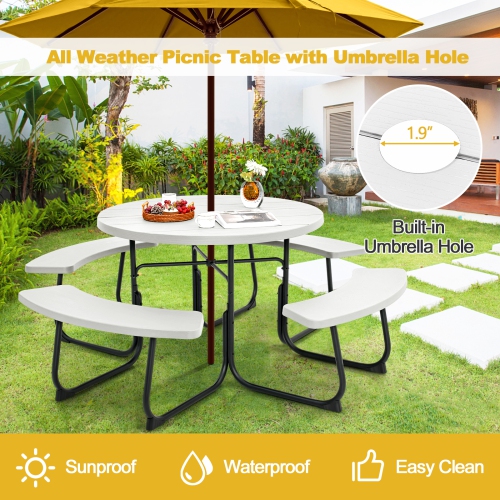 Costway Outdoor 8-person Round Picnic Table Bench Set with 4 Benches & Umbrella Hole
