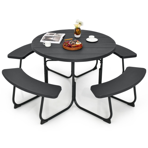 COSTWAY  Outdoor 8-Person Round Picnic Table Bench Set With 4 Benches & Umbrella Hole