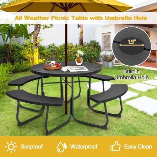 Costway Outdoor 8-person Round Picnic Table Bench Set with 4 Benches & Umbrella Hole