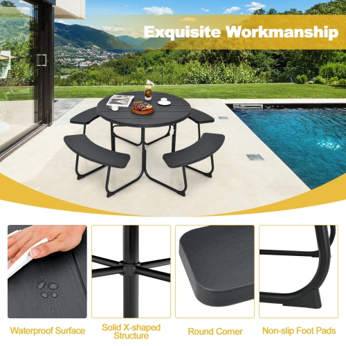 Costway Outdoor 8-person Round Picnic Table Bench Set with 4 Benches & Umbrella Hole