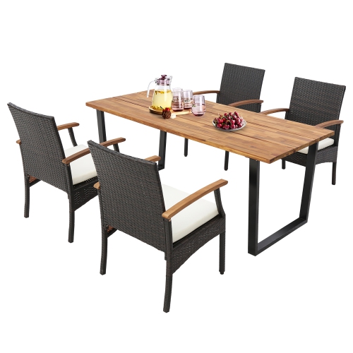 Gymax 5PCS Rattan Dining Set Acacia Wood Table 4 Wicker Chairs w/ Umbrella Hole Patio