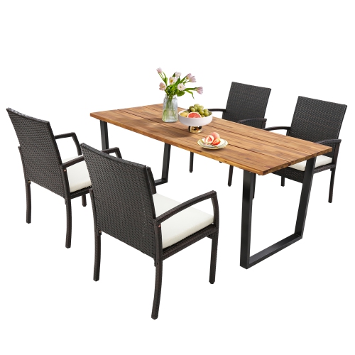 Gymax 5PCS Rattan Dining Set Acacia Wood Table 4 Wicker Chairs w/ Umbrella Hole Patio