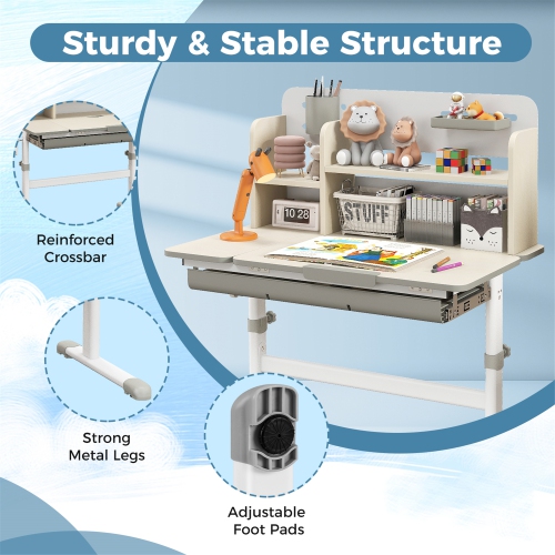Gymax Kids Multifunctional Study Table Study Desk w/ Tiltable Desktop Book Stand